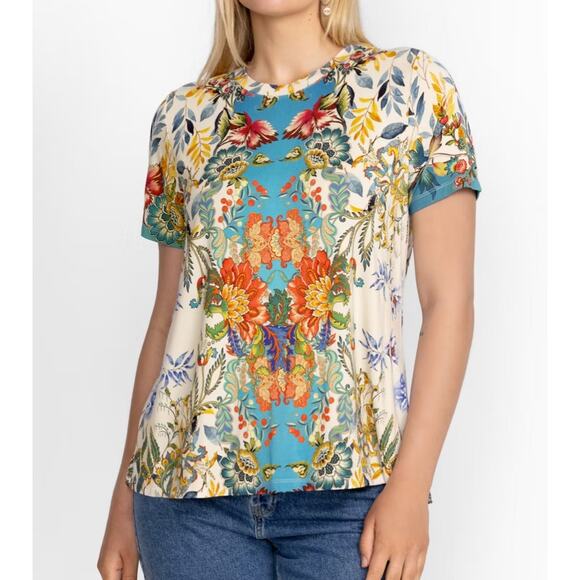 Johnny Was Janie Favorite Short Sleeve Crew Neck Swing Tee Bamboo Floral Sz Med - Picture 1 of 13